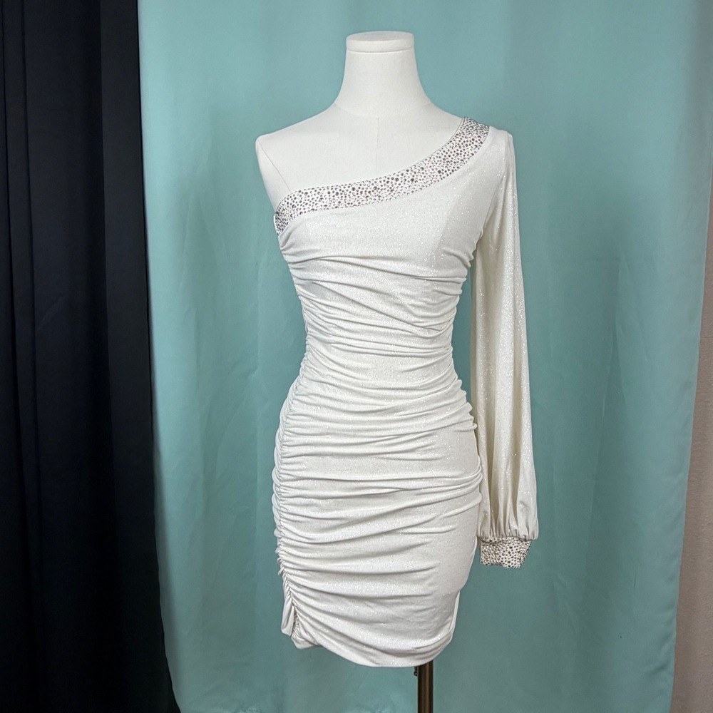One Shoulder Ruched Bodycon Homecoming Dress Glitter White Small Y2K Party Glam